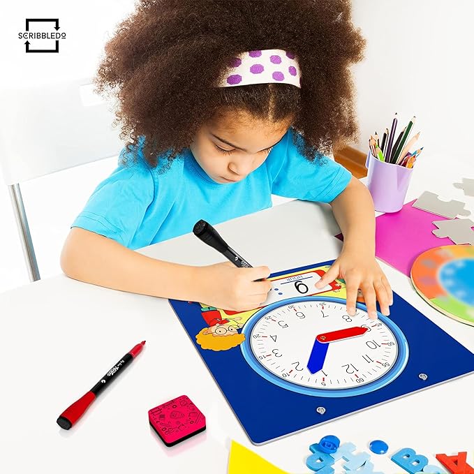Scribbledo Writable Dry Erase Learning Clock for Kids Write & Wipe Demonstration Clock for Kids Learning to Tell Time Classrooms and Homeschool Supplies
