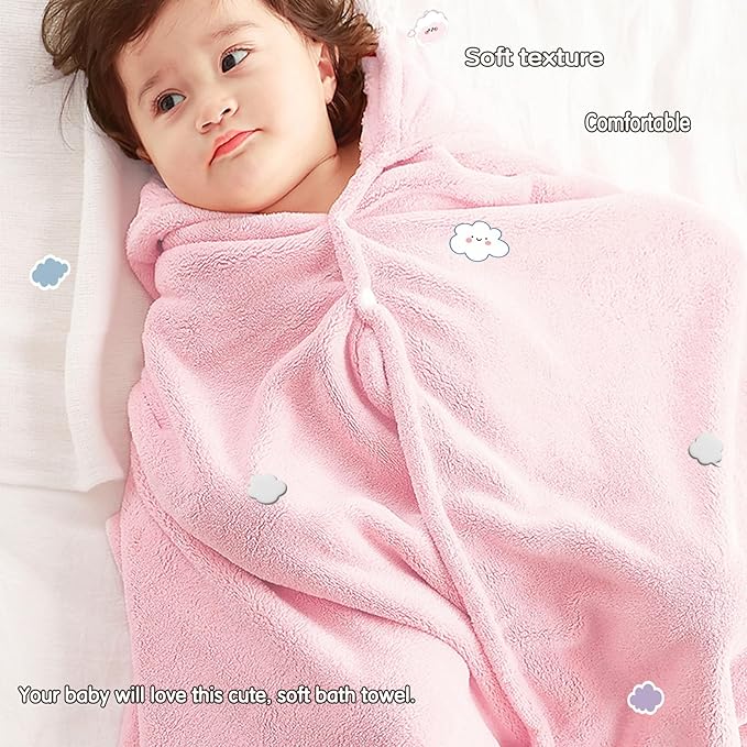 Toddler Baby Bath Towel with Hood 27.5"X55" Ultra Absorbent Soft Cozy Comfort Bathrobe Blanket, 0-6 Years Infant Shower Towel for Girls & Boys(Blush)