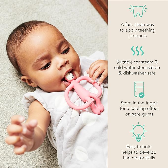 Matchstick Monkey Silicone Teether & Gel Applicator – Silicone Baby Teether, Easy-to-Grip, BPA-Free, Supports Self-Soothing & Early Brushing, 3 Months+, 4 Inches, Pink