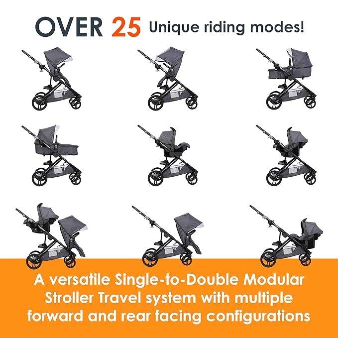 Baby Trend Morph Single to Double Modular Stroller Travel System with EZ-Lift™ Plus Infant Car Seat, Dash Grey