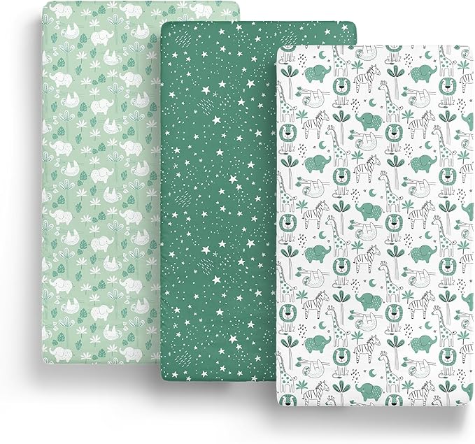 The Peanutshell 3-Pack Fitted Playard Sheets - Soft & Breathable Baby Boy or Girl Mini Crib Sheets, Pack N Play Mattress, Fits Standard Playard Pack Play Mattresses - Green Safari