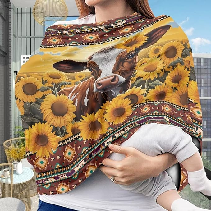 Cow Sunflower Car Seat Covers Dust Cover Decorative Washable Stroller Canopy Covers Lightweight Windproof Stretchy Car Seat Canopy Cover Easy Cleaning