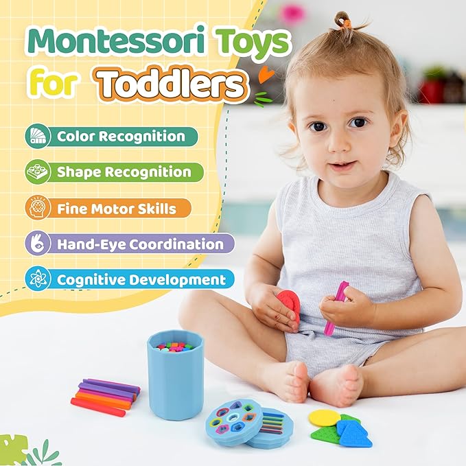 Shape & Color Sorting Montessori Baby Toddler Toys for 1 2 3 Years Boys Girls, Silicone Montessori Toys for 1 Year Old, Fine Motor Skills Sensory Toddlers Toy 1 Year Old Girl and Boy Gift,2 In 1