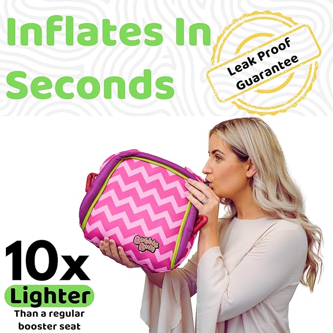 Bubblebum Booster Car Seat, Inflatable Booster Seat for Kids, Travel Carseat, Backless Portable Child Safety Seats for Car, Inflatable Seats for Cars 40-100 lbs, for 4 Year Old + Toddler, Kid - Pink