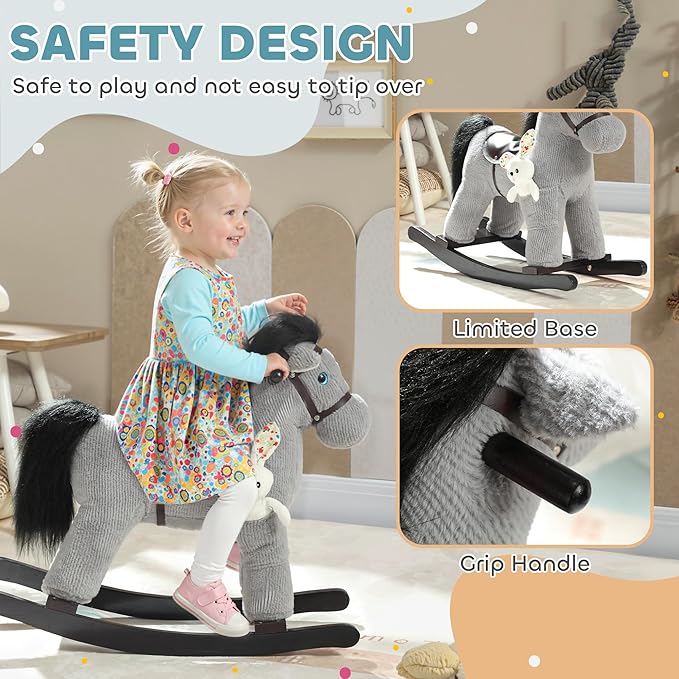 Qaba Rocking Horse, Kids Plush Animal Rocker with Realistic Neighing Sound for Toddlers 2–5 Years Old, Soft Filling Ride on Horse with Rabbit Toy, Gray