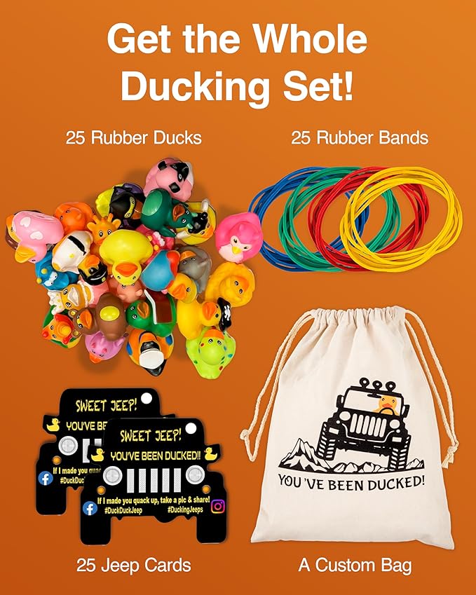 Jeep Ducks for Ducking Kit-76 Piece kit Including Rubber Ducks, Duck Duck Jeep Bag, Jeep Ducking Cards & Rubber Bands Plus Official Duck Duck Jeep Mobile App (Jeep Ducks for Ducking Assortment C)