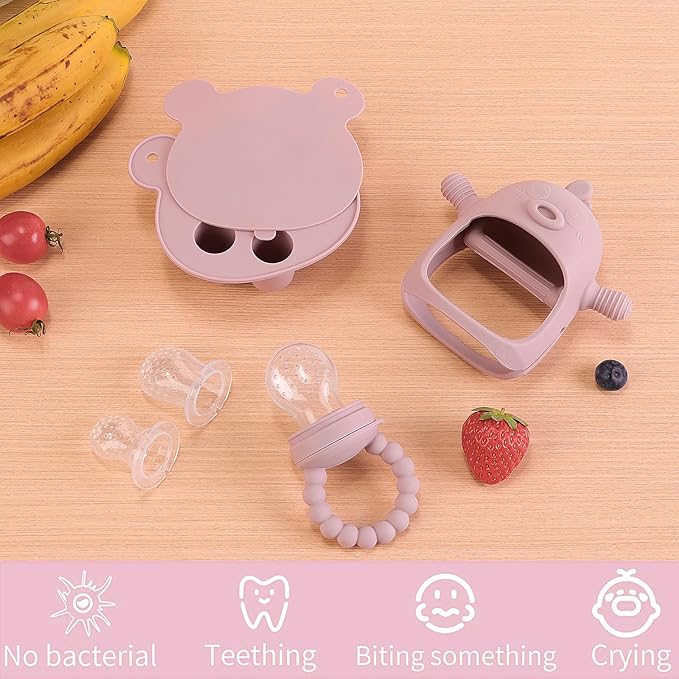 6-in-1 Baby Fruit Feeder Pacifier & Baby Food Feeder Set – Silicone Breastmilk Popsicle Mold with Freezer Tray, Teething Relief Toy, BPA Free Infant Feeder, 3 Sizes (S/M/L) Sacs (Blush)