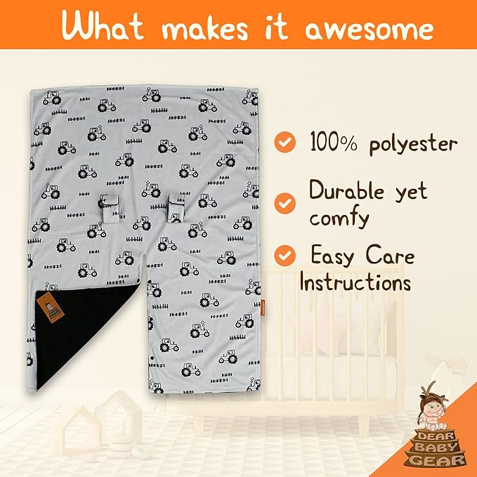 Dear Baby Gear Car Seat Cover for Boys & Girls - Baby Carseat Canopy w/Snap Opening - Infant Seat Cover - Nursing Covers - Newborn Carrier Canopy - 40x30" (Black and Gray Farm Tractors & Fence)