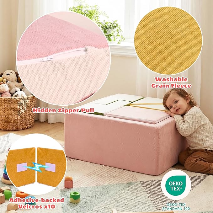 6-Piece Modular Foam Climbing Blocks for Toddlers 6-24 Months, Oeko-TEX Certified Soft Play Set with Large Ball Pit, Pink Indoor Crawling Toys for Baby Girls (Balls Not Included)