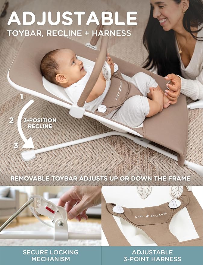 Baby Delight Highland Organic Baby Bouncer | Infant | 0 – 6 Months | 3-Position Recline | Organic Mocha