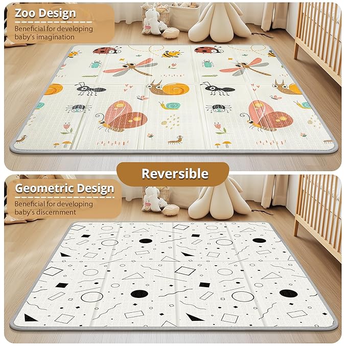 Foldable Baby Play Mat - PIGLOG 50X50 Waterproof Playpen Mat for Babies and Toddlers Kids, Safe Foam Playmat for Tummy Time, Reversible Playmats, Portable Baby Floor Mat for Infant, Dragonfly