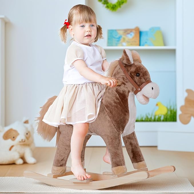 Qaba Kids Rocking Horse, Ride on Horse for Toddlers with Soft Plush Body, Wooden Base & Handle Grip for 3+ Year Old Boys and Girls, Brown