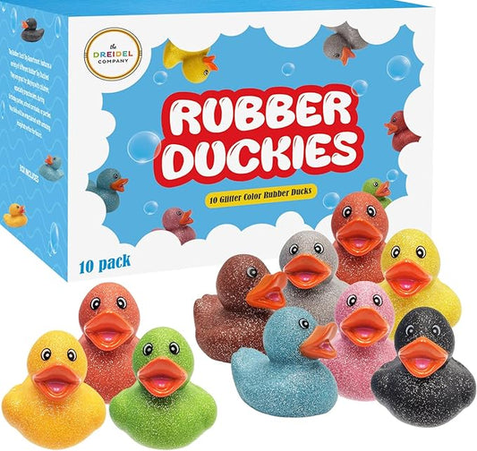 The Dreidel Company Glitter Rubber Duck Toy Assortment Duckies for Kids, Bath Birthday Gifts Baby Showers Summer Beach and Pool Activity, 2" (10-Pack)