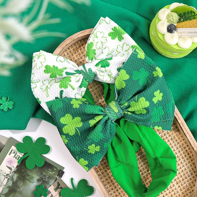 6” Large St Patricks Baby Bows Shamrock Clover Headbands Hairband Green Nylon Bows for Newborn Girls Infants Toddlers St Patricks Day Hair Accessories