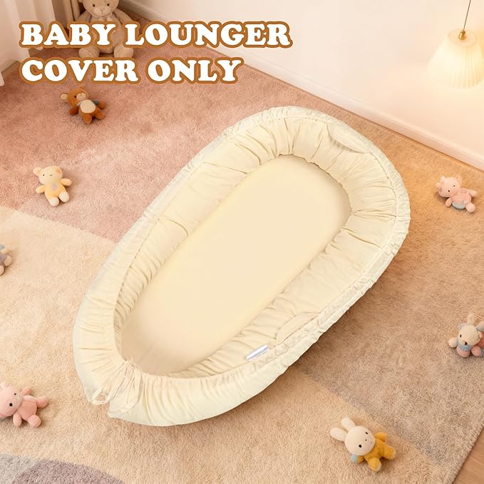 Baby Lounger Cover for Boys and Girls, Beige 100% Cotton Baby Nest Cover, Breathable Replacement Cover for Infant and Newborn Snuggle Me Lounger, Cover Only