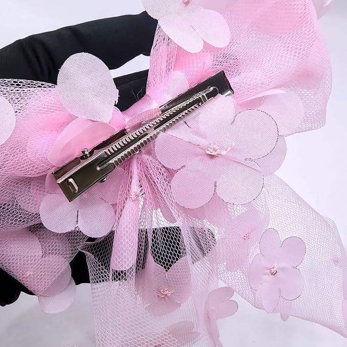 Pink Flower Bow Hair Clip - Mesh Tulle Floral Hair Bow Clips Summer Hair Accessory for Women Girls Bridal Wedding Hair Ornament, Bridesmaid Party Headpiece, Elegant Hairpin for Daily Styling