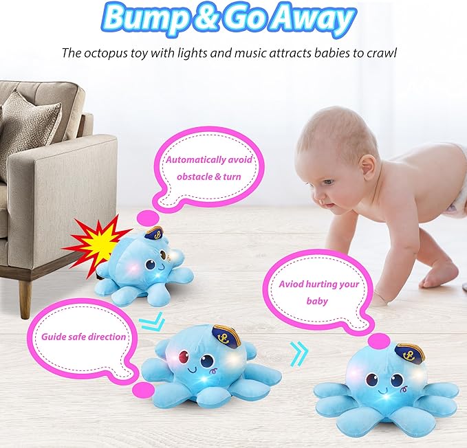 Musical Octopus Baby Toy - Crawling & Rotating Octopus Toy with Recording, Light-Up Voice Control, Clap Hands Awake for 2-6 Year Old Boys and Girls, Tummy Time Sensory Toy