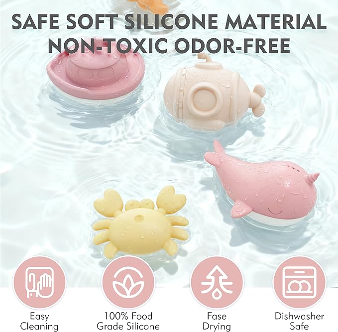 MarcZero Ocean Silicone Bath Toys 8Pcs for Toddlers Kids Babies,Bathtub Water Toys,Soft Squeezable Easy-Grip Pool Toys Set (Pink)