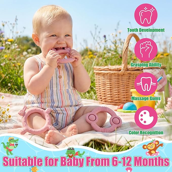 Easter Silicone Teether for Babies - 2ooya 3Pcs Pink Bunny Summer Ocean Animal Infant Teething Chew Toys, Toddler Easy to Grasp Sore Gums Pain Relief Toy for Newborn Boy Girl Baby Shower Easter Gift