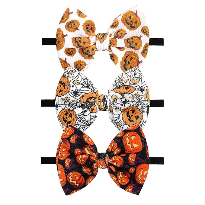 Halloween Baby Girl Headbands with Bows for Newborn Orange Hair Bow Hair Accessories Elastic Nylon Halloween Hairbands 3 PCS