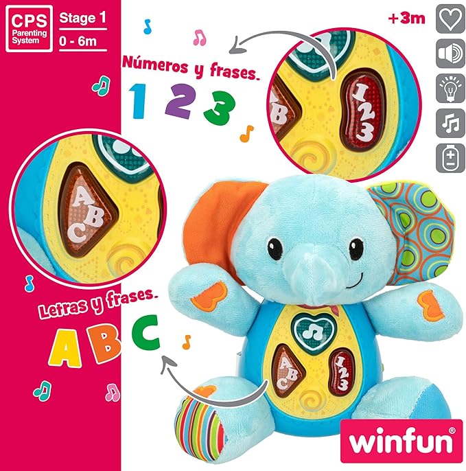 winfun ColorBaby 85178 Talking Plush Toy for Babies, Colourful Lights, Language: Spanish Elephant
