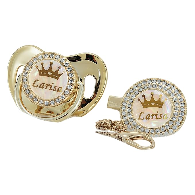 Personalized Any Name Bling Gold Silver Pacifier and Clip Set 18 Colors