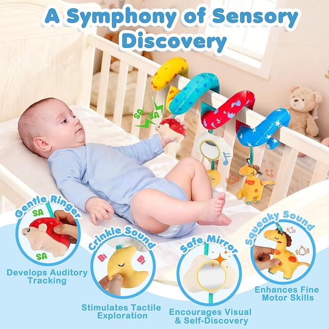 URMYWO Spiral Car Seat Toys for Babies 0-6 Months, Hanging Toy Fits Stroller, Sensory Baby Toy with Bell Crinkle Mirror, Newborn Shower Gifts for Baby Boys and Girls Essentials Stuff