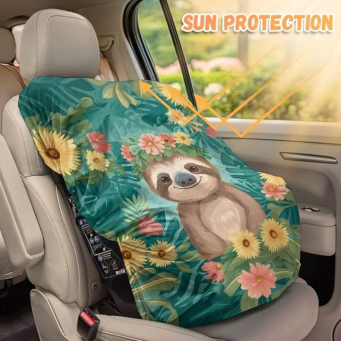 XYZCANDO Sloth Print Carseat Cover for Baby Cartooon Baby Car Seat Cover with Elastic Edge Foldable Summer Carseat Cover Protect from Sun/Hot Days Breathable Car Seat Sun Cover for Baby