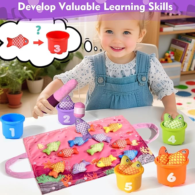 Montessori Toys for 1 Year Old Girl Gifts, Pink Cloth Fishing Toy for Toddler 1-3, Fine Motor Skills Toy Sorting Learning Baby Toys 6-12-18 Months, Toddler Toys for Baby Easter Gifts