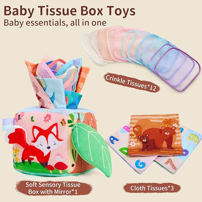 Yeeeasy Baby Tissue Box Toy, Montessori Sensory Toy for Babies 6–12 Months, Infant Early Learning Toy with Mirror, Textured Tails & Squeaky Sounds, Baby Gift for Boys & Girls