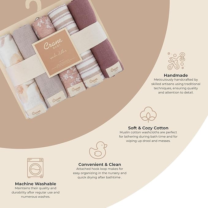 Crane Baby Violet Wildflower Cotton Baby Washcloths, 100% Cotton Muslin Set of 5, Soft Baby Wash Cloths for Newborn Bath Essentials, Infant Face Cloths, Shower Gift For Babies, Newborn Bath Essentials