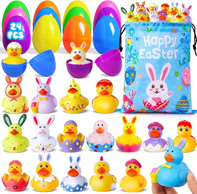24 Pcs Prefilled Easter Eggs with Easter Rubber Ducks, Easter Basket Stuffers Party Favors, Fun Bath Toys Jeep for Ducks, Easter Egg Hunt, Holiday Classroom Gifts Prizes for Kids Toddler