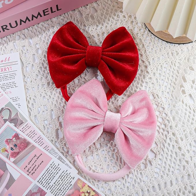 Velvet Baby Girls Bows Elastic Nylon Headbands Red Pink Handmade Newborn Bows Hairbands Infants Toddlers Hair Accessories 3 Pcs Red Rose Pink