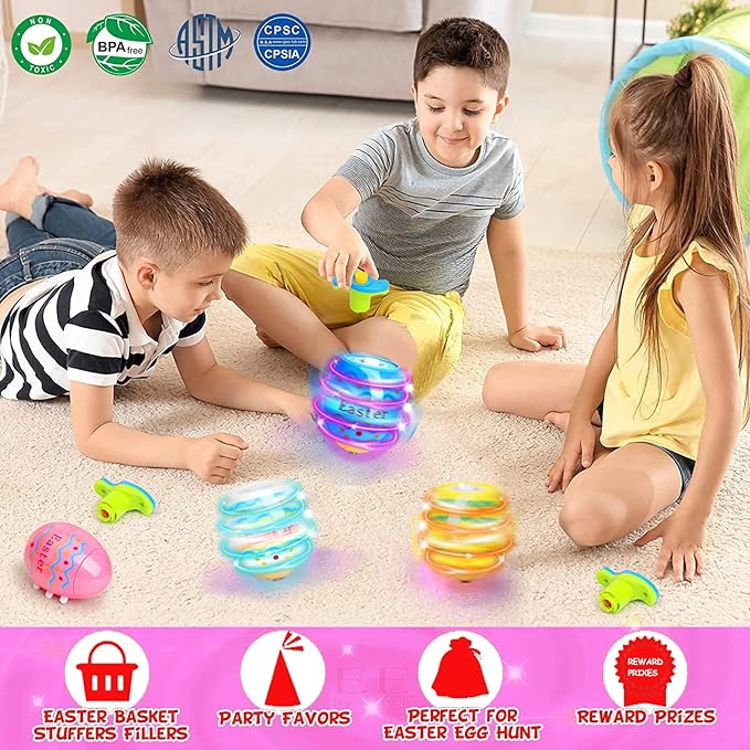 Easter Eggs Toys for Kids, 6 Pack Spinning Top Easter Eggs with Lighting & Music, Fun Easter Basket Fillers, Party Favor Gift for Boys & Girls Ages 3-6