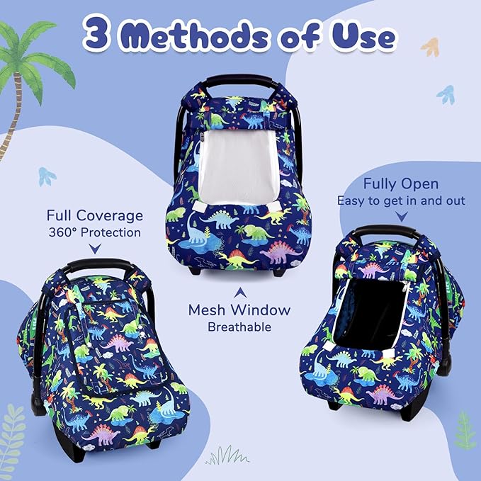 Baby Car Seat Cover, Windproof Carseat Cover for Infant Boys, Infant Breathable Carseat Canopy, Compatible with Most Baby Car Seat, Dinosaur