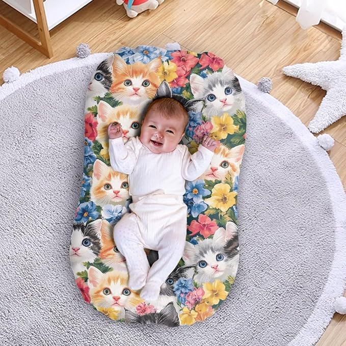 Cute Cats Snuggle Me Lounger Cover for Baby Boys and Girls,Kitten Floral Lounger Pillow Covers, Newborn Infant Nest Slipcover 31.5'' x 21.3''