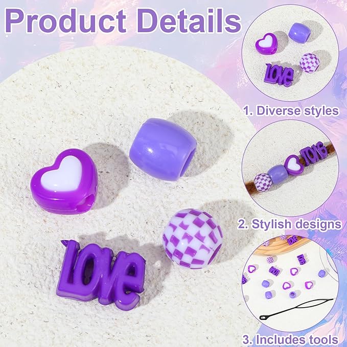 TIESOME 60 Pcs Large Hair Beads, Purple Resin Big Beads For Hair With Puller Tool, Braid Loc Dreadlock Bead For Girls Kids Women, Easy To Thread For Ponytail, Braids, Hairs Jewelry Accessories