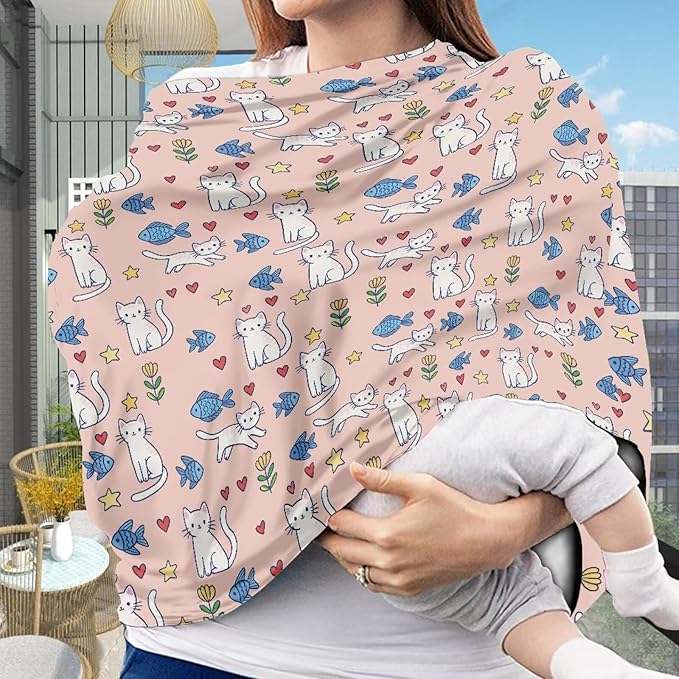 Wanyint Cat Fish Flower Star Pink Infant Car Seat Cover Cute Car Seat Cover for Babies, Carseat Canopy Baby Breastfeeding Stroller High Chair Shopping Cart Cover