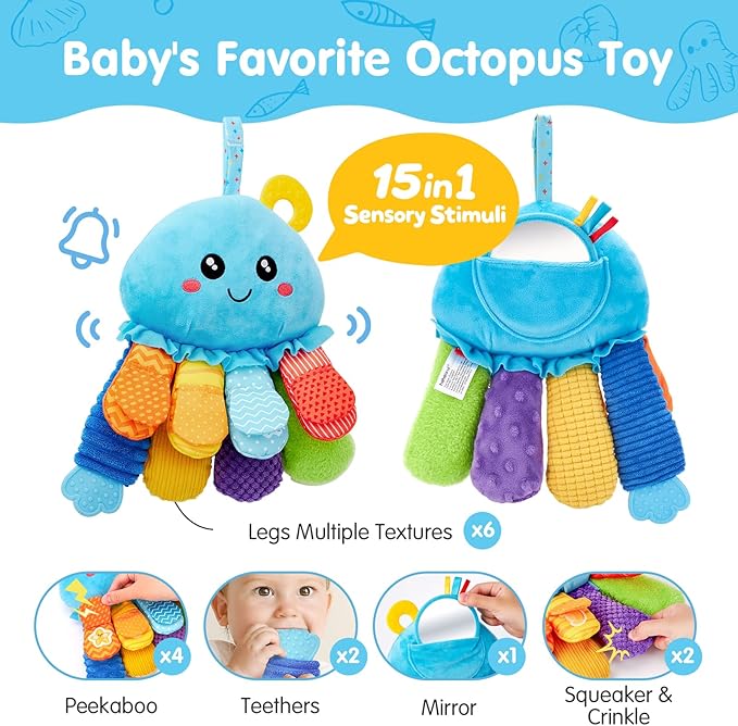 hahaland Baby Sensory Toys 3-6 Month - 15 in 1 Soft Tummy Time Toy with Crinkle Rattle Mirror for Infant Hanging Carseat Toys for 0-6 Month Developmental Newborn Montessori Toy for 3 4 5 6 Months