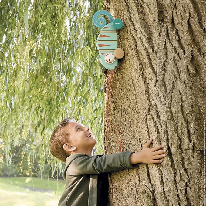 Janod - Tropik Pull-Along Chameleon - Wooden Early-Learning Toy - Silent Wheels - Educational Walking and Balancing Toy - Water-Based Paint - 1 Year + J08264