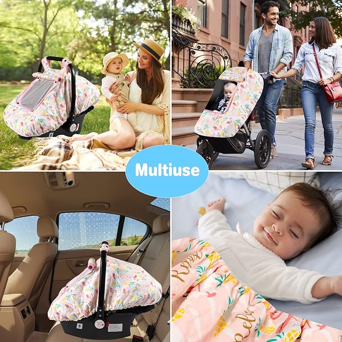 SMTTW Baby Car Seat Cover - Universal Fit, Snug, Breathable, Canopy for Boys/Girls, Ideal for All Seasons (Flamingo)
