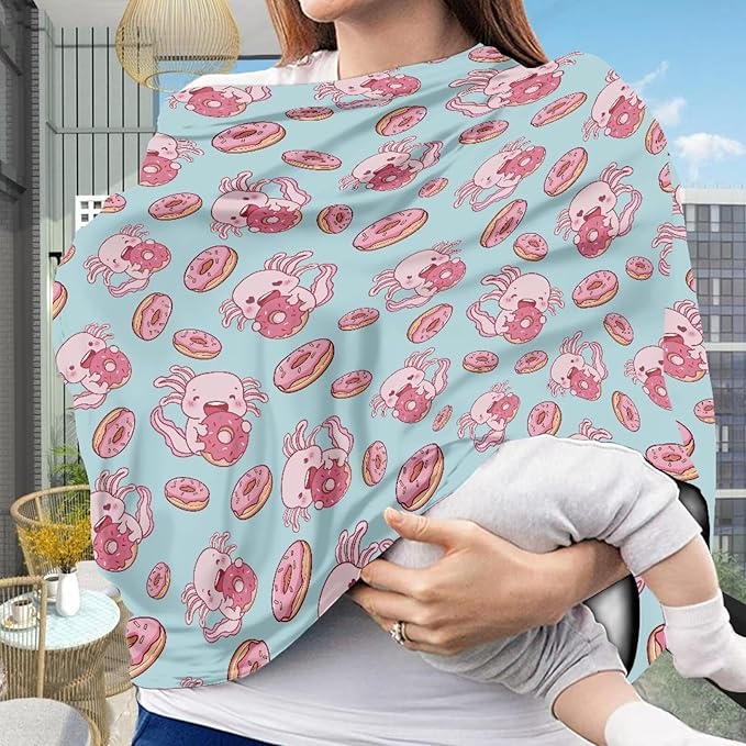 Wanyint Axolotl Doughnut Blue Infant Car Seat Cover, Baby Carseat Scarf Stretchy Nursing Scarf Car Seat Canopy Breathable Nursing Cover for Boys Girls