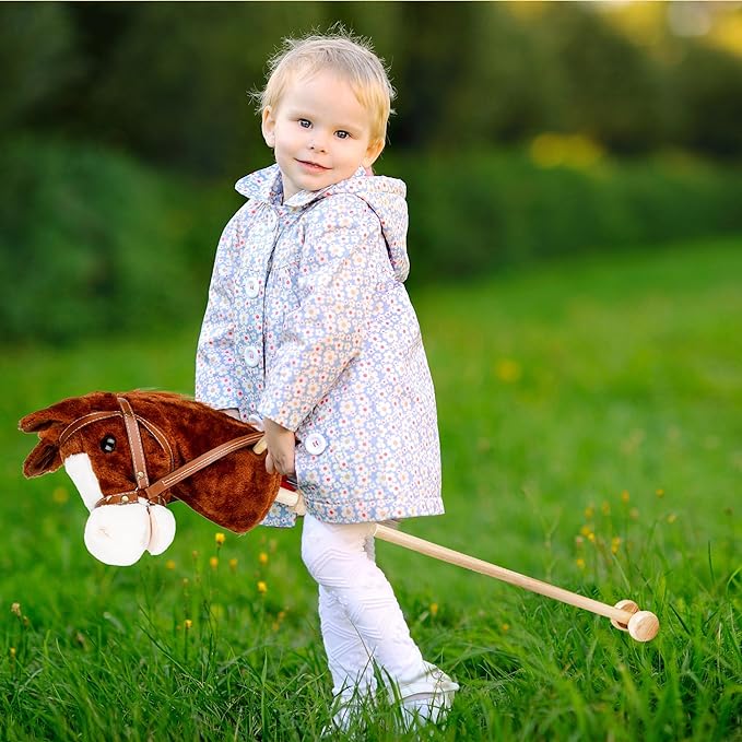 37 Inch Plush Stick Horse Handsewn Head Hobby Horse on a Stick Horses Ride on a Stick Toy with Wooden Wheels and Real Pony Clip-Clop Sounds for Pretend Play Kids Gift (Color Set 3)