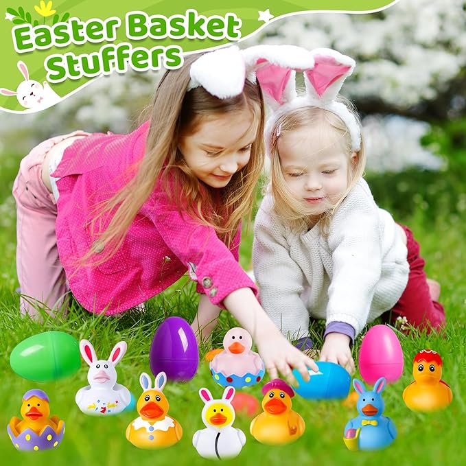 18 Pcs Easter Rubber Ducks with 18 Pcs Easter Eggs, Easter Ducks for Jeeps Easter Egg Fillers Basket Stuffers Party Favors, Rubber Ducks for Ducking Bath Toys for Kids Toddler with a Storage Bag