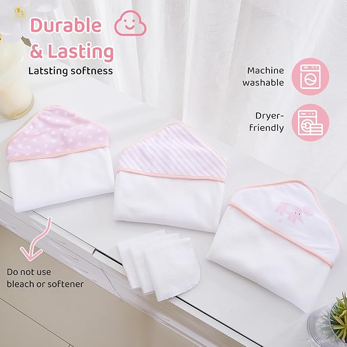 Mooreeke Baby Towel with Hood for Girls Pink Elephant Bath Towel for Babies Ultra Soft Absorbent 3 PCS Baby Towels and 3 PCS Washcloths for Newborn Essentials