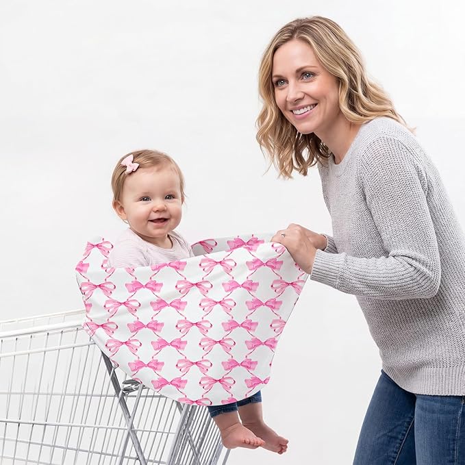 Baby Car Seat Cover Girls, Infant Carseat Canopy, Stretchy Multi- use Nursing Cover for Stroller/High Chair/Shopping Cart/Car Seat Canopies (Pink Bow)