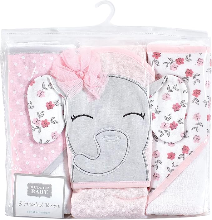 Hudson Baby Unisex Baby Cotton Rich Hooded Towels, Floral Pretty Elephant, One Size