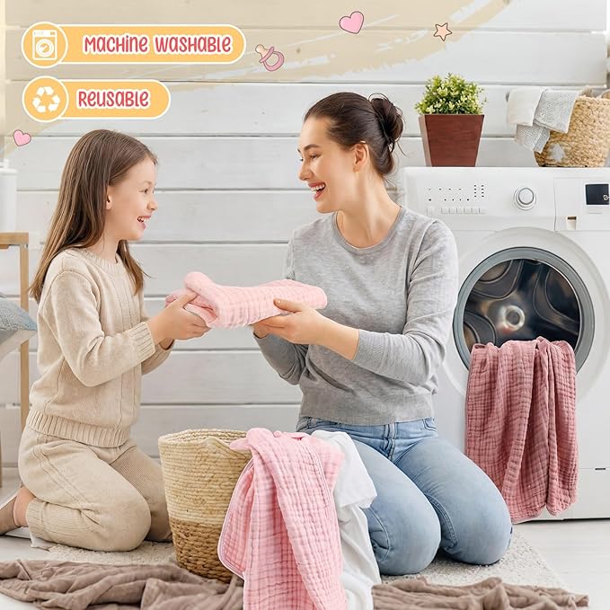 Breling 12 Pcs Muslin Hooded Baby Bath Towel, Hand Towels and Washcloth Set, 36"x 36" Cotton Newborn Bath Towel Cotton Absorbent Blanket Unisex Newborn Gift Essentials for Girl Boy (Pink Series)
