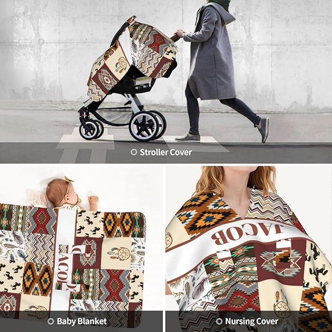 Personalized Baby Car Seat Canopy for Babies with Name, Custom Stripe Style Car Seat Covers for Boys Girls, Opening Minky Nursing Breastfeeding Stroller Cover Carseat Canopies for Infant Newborn
