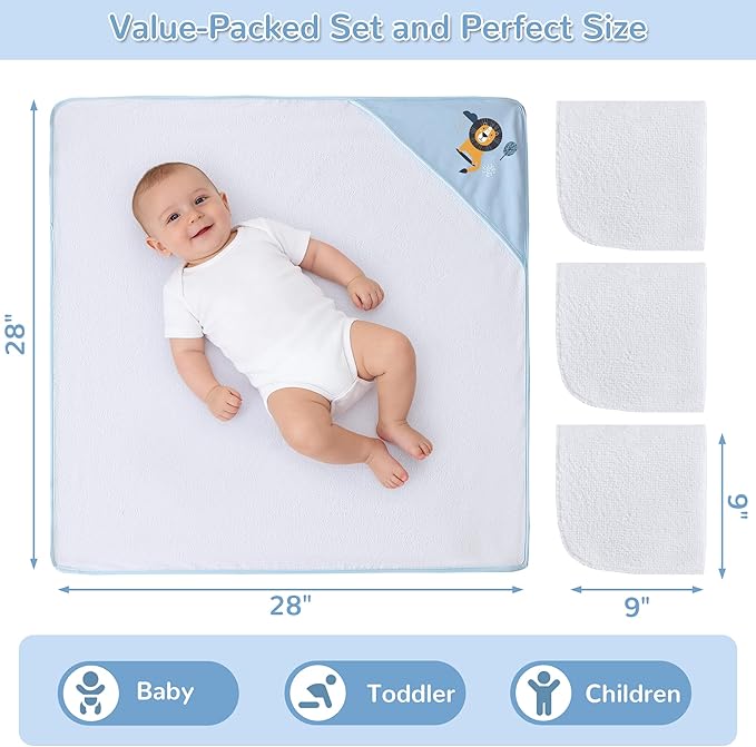 Viviland 6 Pcs Hooded Baby Towels and Washcloths Set, Super Gentle Bath Towels for Newborn Face & Body, Absorbent Wash Cloth for Infants Boys, Blue-Lion Pattern, 28 x 28 inch